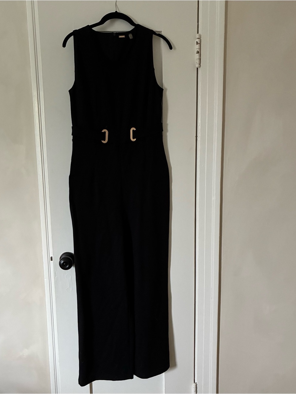T Tahari Black Sleeveless Jumpsuit with Gold Logo Plate